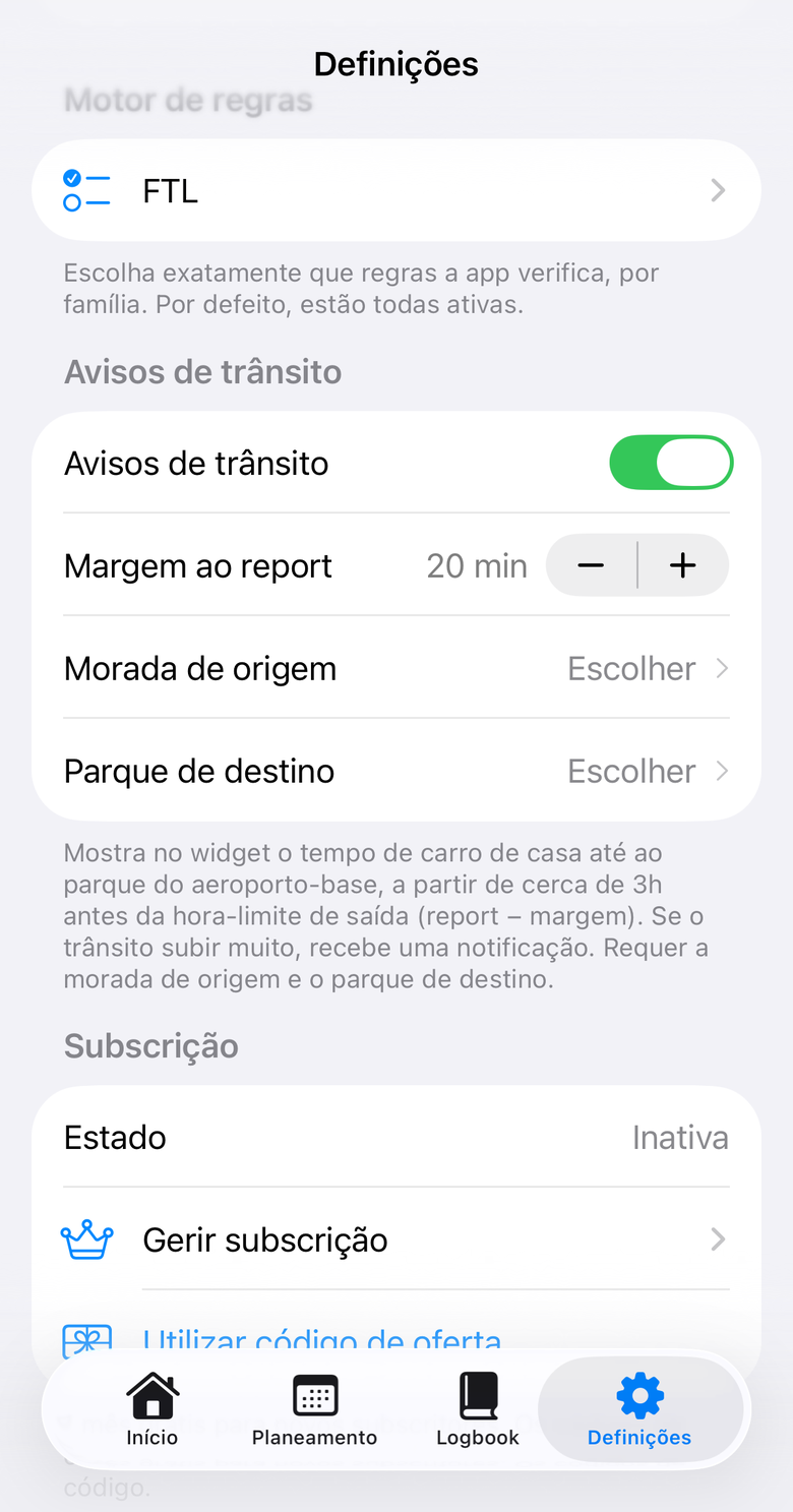 Configuração dos avisos de trânsito: margem ao report, morada de origem e parque de destino.