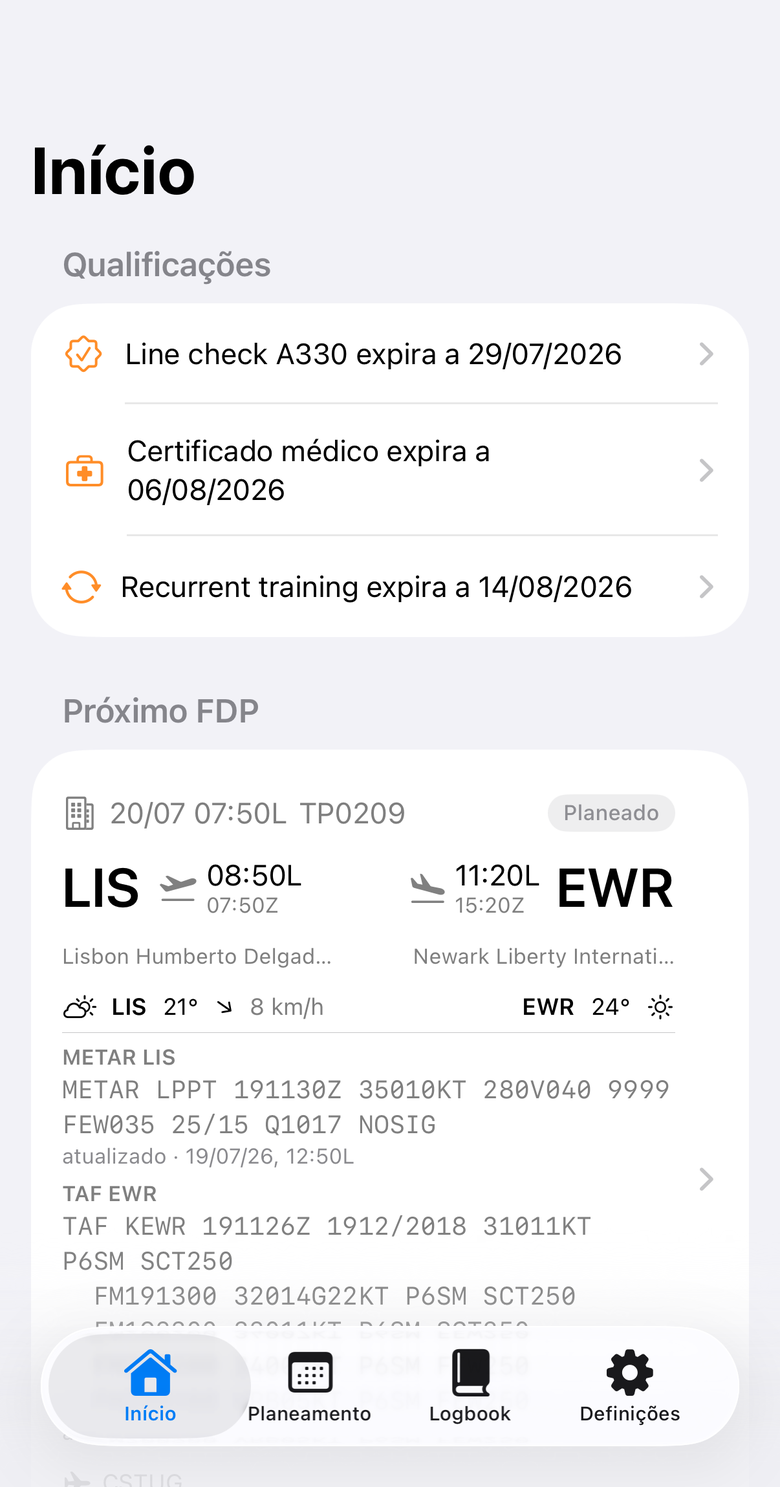 Ecrã inicial do Roster Mate a mostrar o próximo FDP, com origem, destino, horas e limites de serviço.