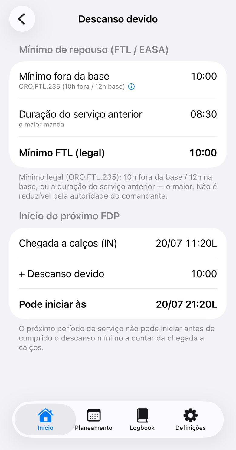 Cálculo do descanso devido segundo os pisos RUPT e FTL/EASA.