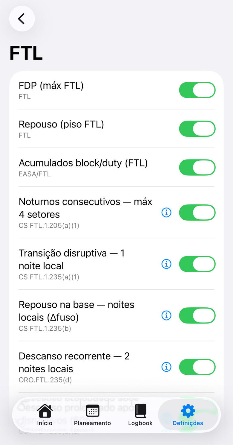 Lista de regras FTL com as referências regulamentares e um interruptor por regra.