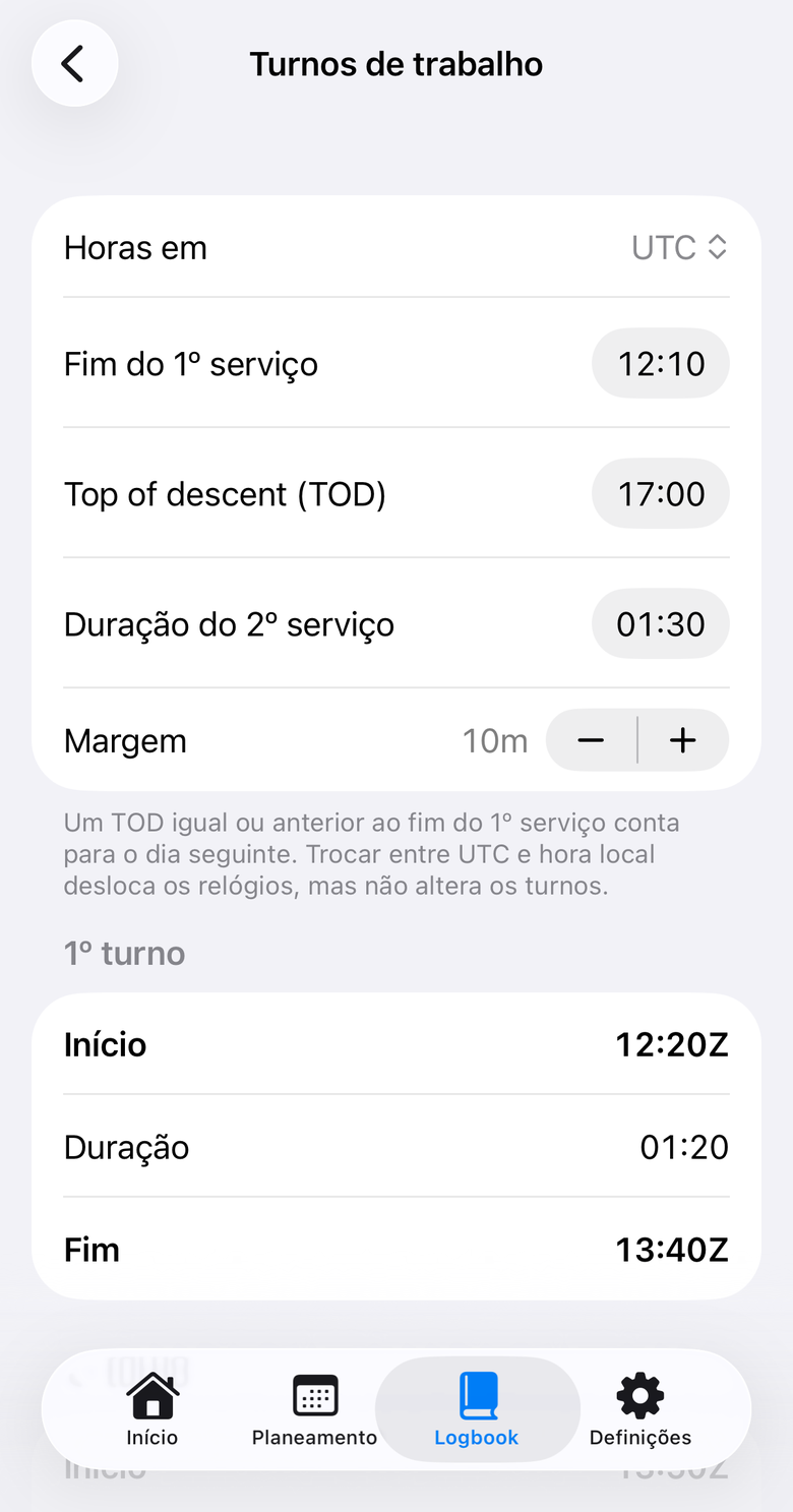 Calculadora de turnos de trabalho a partir do TOD e da duração do segundo serviço.