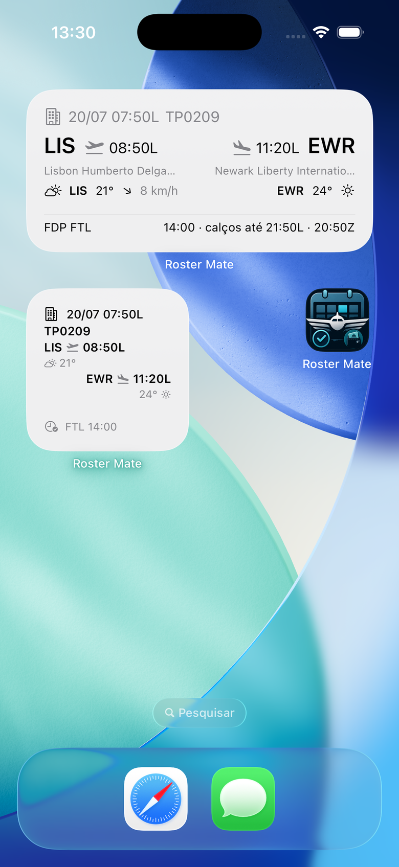 Ecrã inicial do iPhone com o widget do Roster Mate a mostrar o report, a etapa e o limite do próximo FDP.